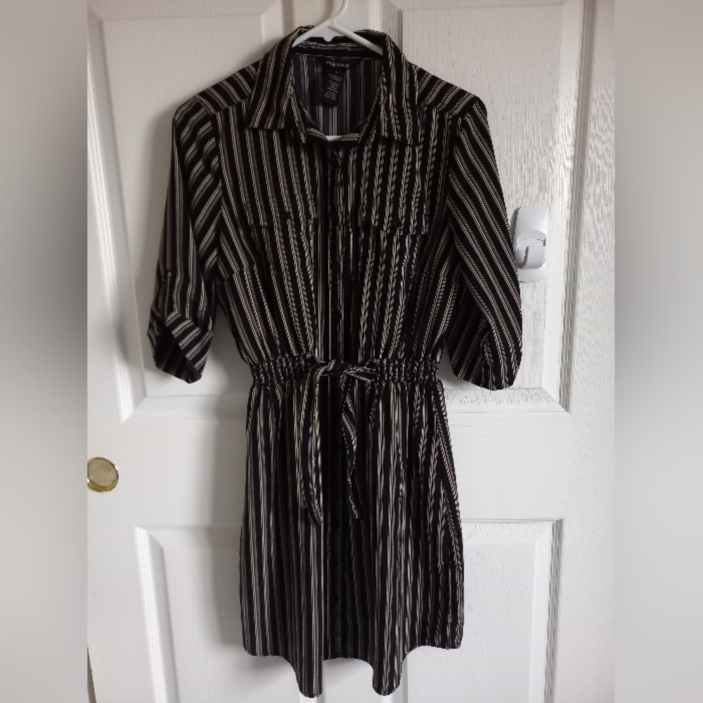 Millenium Stripe 3/4 Sleeve Elastic Waist wrap Mini Dress small S stripe black
